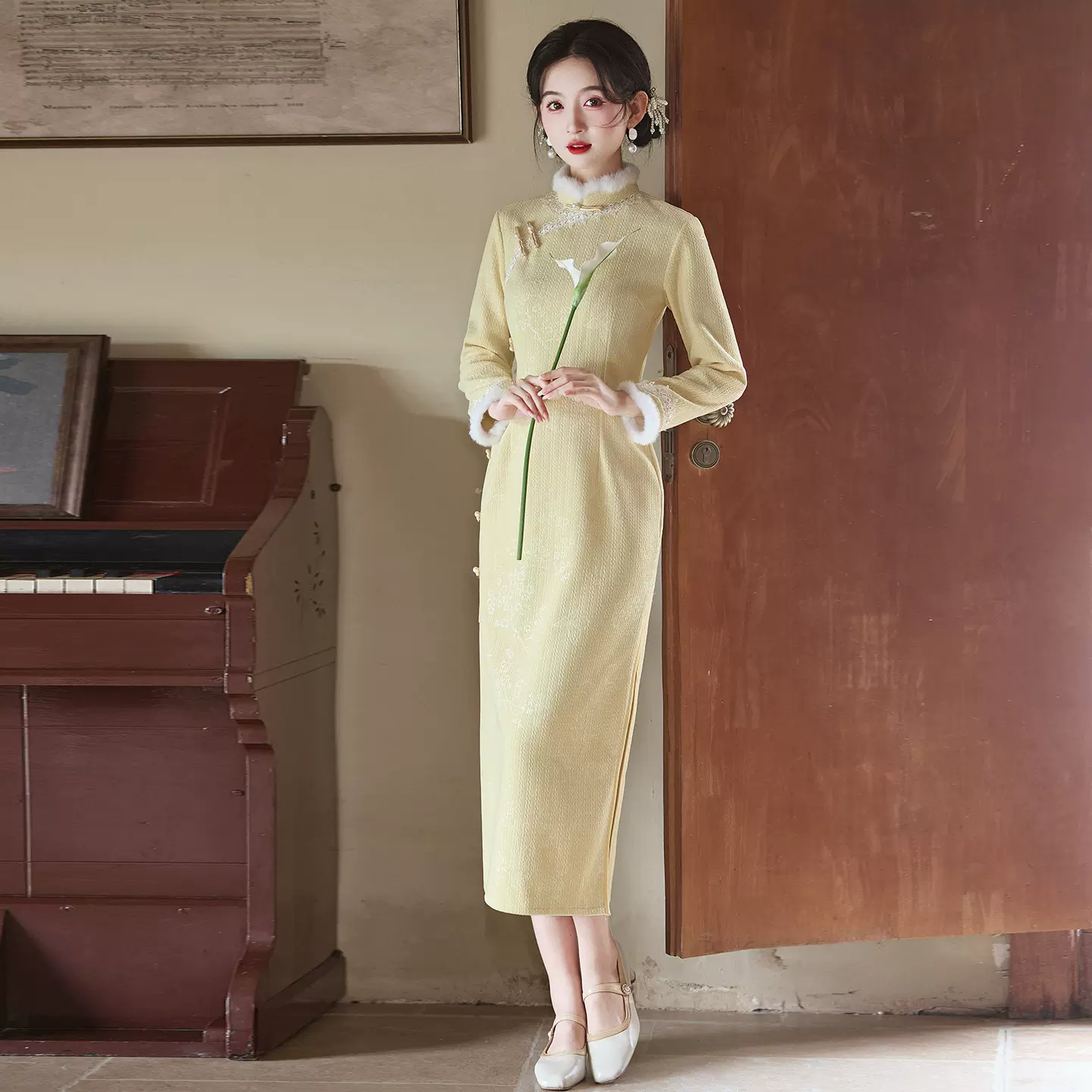 绝美新中式鹅黄色国风改良旗袍加厚年轻少女高端汉服连衣裙