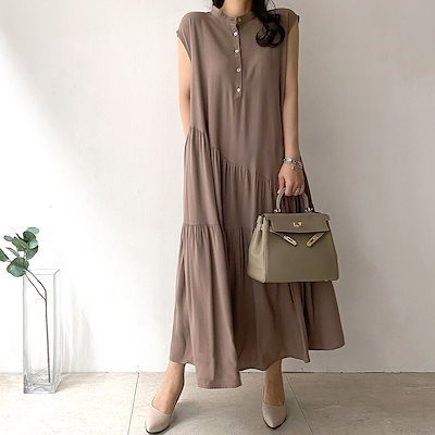 Layered Roll French Sleeve Long Dress Sleeveless Tie Collar A- Line Horn Dress Layered Ruffled Loose