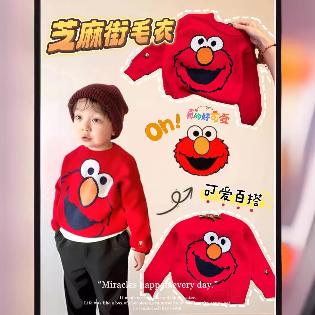 Children's red festive winter cartoon sweater