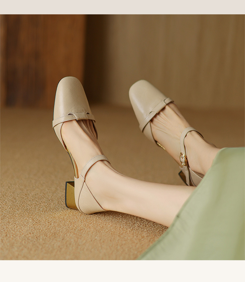 Sandal nữ bít mũi da bò thật quai chữ V đế thấp — Màu caramel chi tiết 9