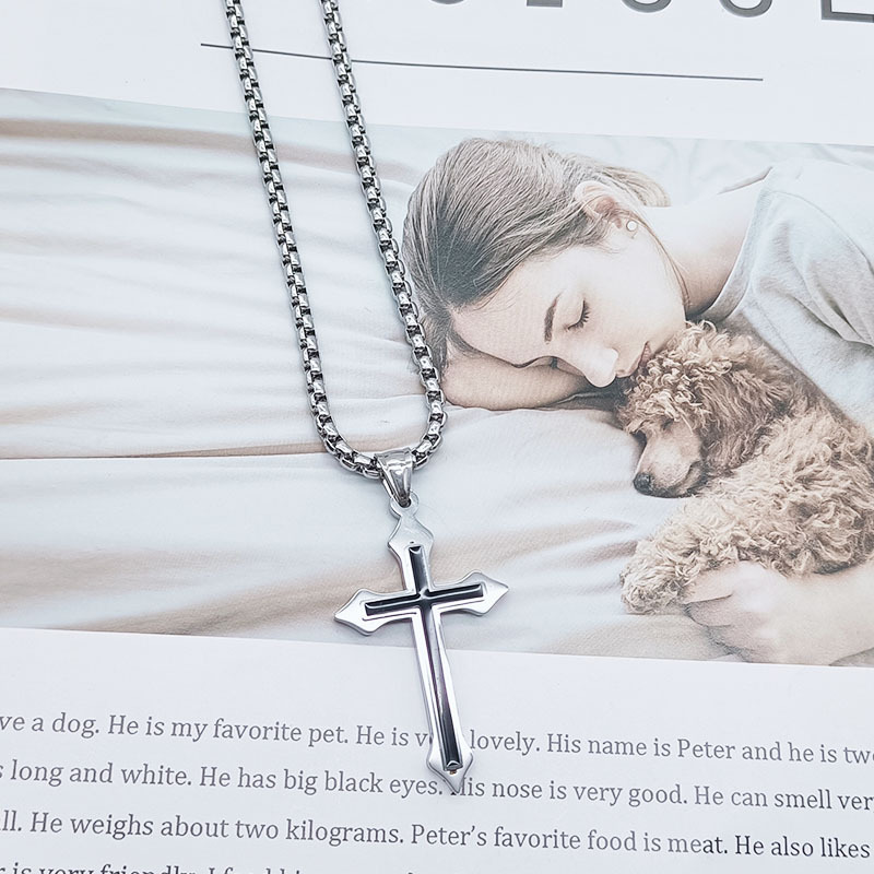 Stainless steel cross pendant necklace, double-layer pendant, square pearl with chain, men's trendy jewelry_voghion.com