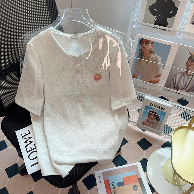 Real shot Pearl short-sleeved T-shirt women's summer 2024 solid color embroidery short doll collar top plus size women's clothing