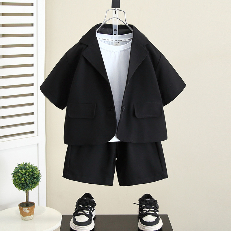 5461 Traje de manga corta para niños Traje de verano coreano 2025 Nuevo estilo Traje para niños Traje Vestido Bebé de tres piezas