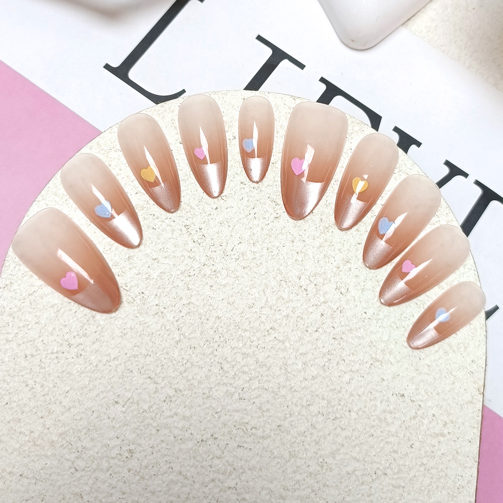 Puntas de uñas con forma de corazón al por mayor, pegatinas de uñas postizas sencillas y elegantes, juego de 10 piezas con efecto ojo de gato, uñas postizas hechas a mano.