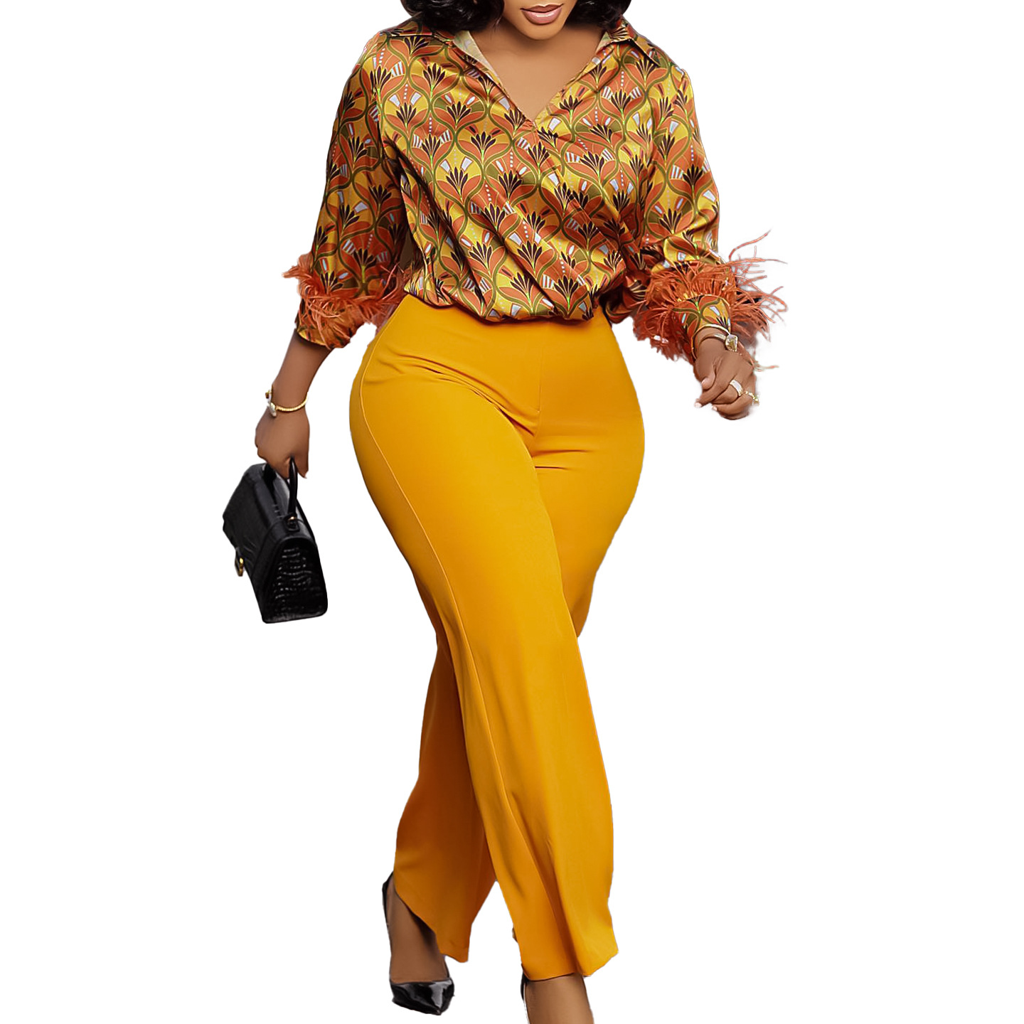 D541 European And American Women's Clothing Independent Site Printed Long-sleeve Shirt, Elegant Wide-leg Pants,_voghion.com