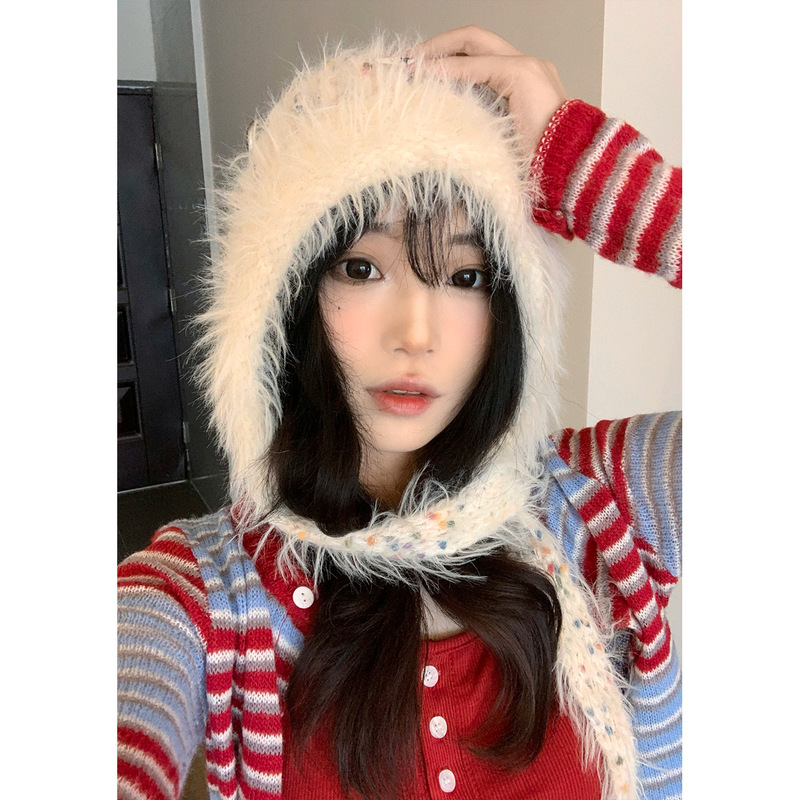 甜美彩色糖豆毛线帽女秋冬季加厚保暖针织毛绒帽毛茸护耳雷锋帽子|undefined