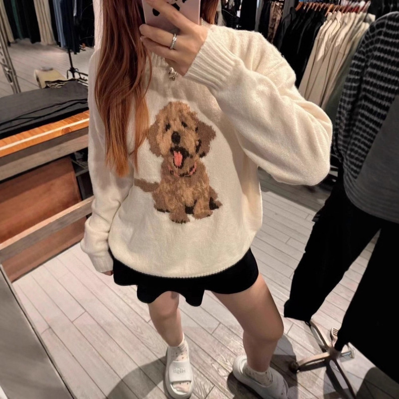 Korean Hollister Little Seagull Jacquard Golden Retriever Puppy Cartoon Round Neck Knitwear Loose Lazy Style Knitwear