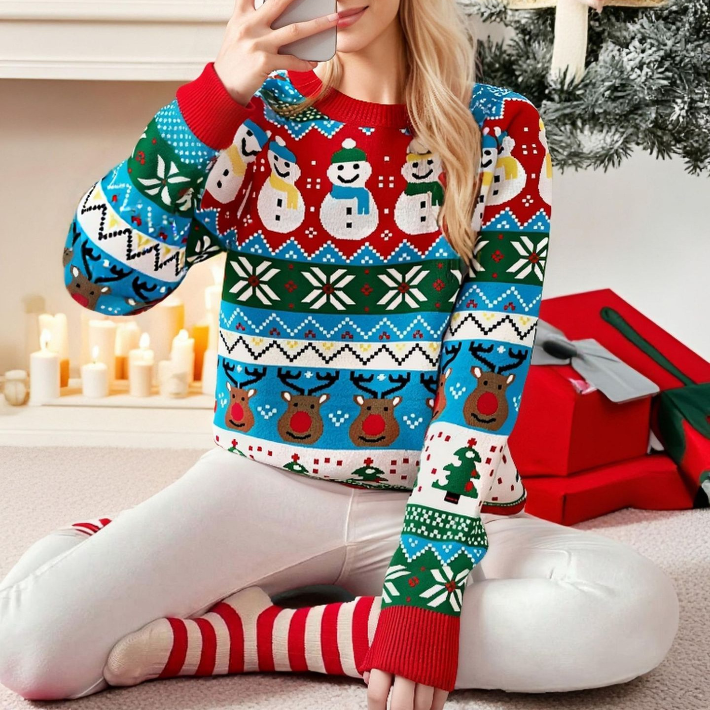 Customized Christmas Party Sweater Amazon European and American Snowman Elk Jacquard Knitted Round Neck Pullover Sweater for Women