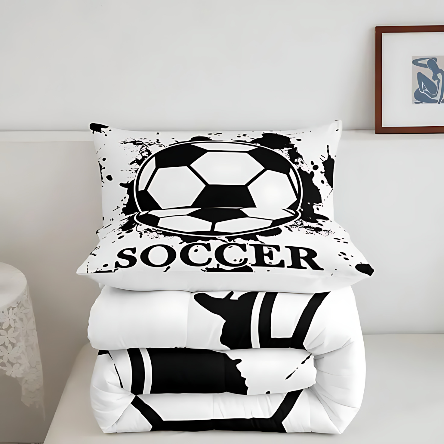 TEMU / JIT moda clásica patrón de fútbol impresión digital 180gms edredón funda de almohada set fuente fabricante