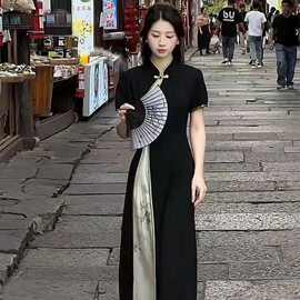 新中式改良旗袍裙女夏季黑色短袖长款国风连衣裙显瘦气质日常穿搭