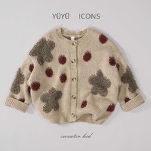 2024秋季新款韩版女宝圆点开衫外套毛线衫女童绣花针织毛衣上衣