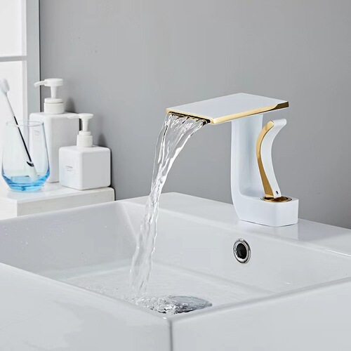 Cross-border waterfall washbasin full copper faucet cold and hot bathroom wide-mouth white and black electroplated bathroom cabinet single hole