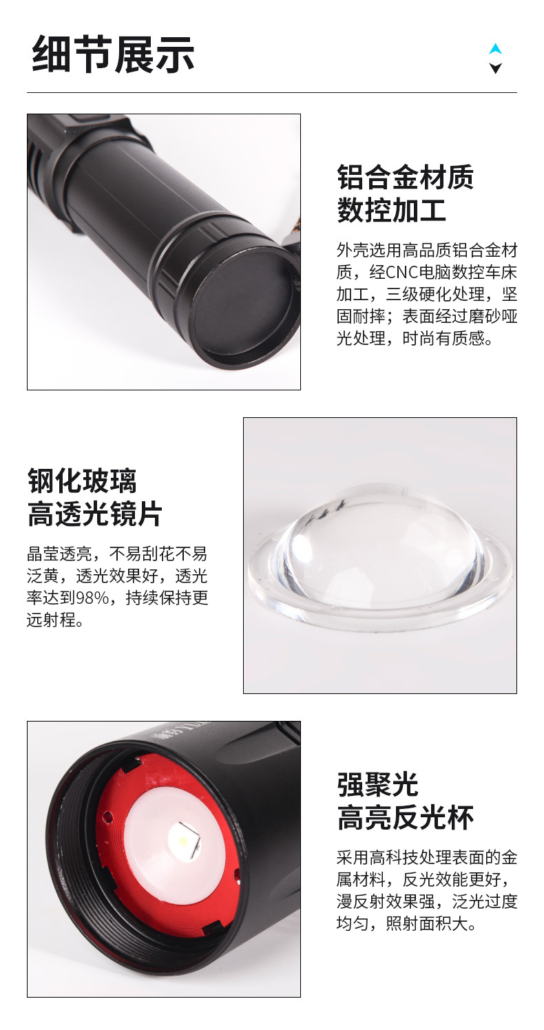 High-Power, Ultra-Bright, Long-Lasting Rechargeable Flashlight for Home and Outdoor Use, with Zoom and Spotlight Features, Wholesale