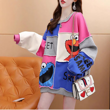 春秋卡通卫衣女拼接撞色休闲宽松中长款长袖设计感趣味圆领卫衣女