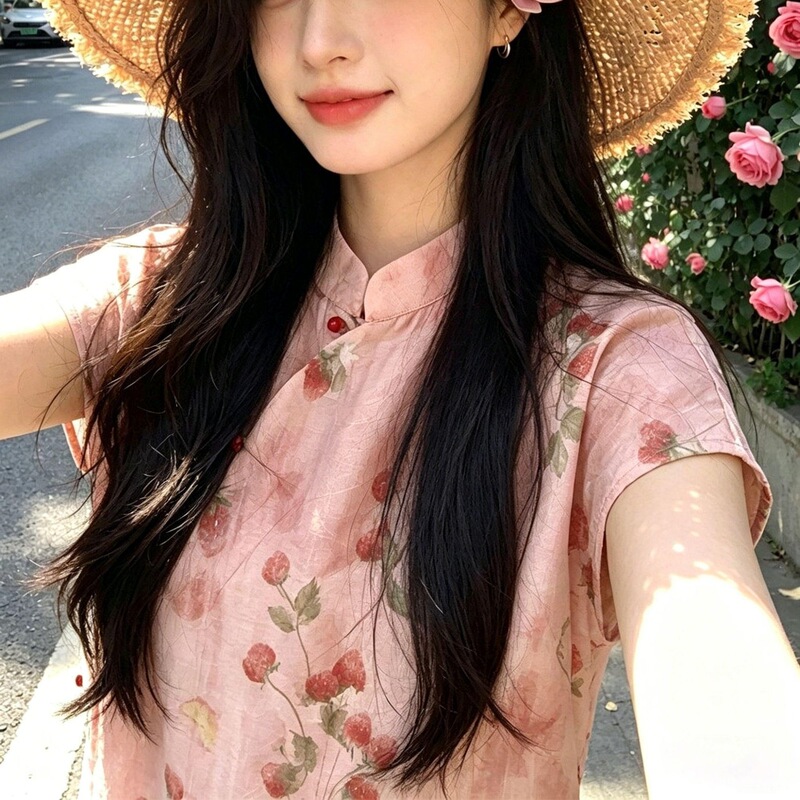 New Chinese-style gentle and sweet strawberry print stand-collar diagonal placket short-sleeve shirt top, new summer women's clothing