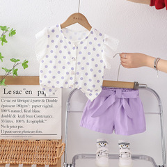 Factory wholesale set of two for 2024 new summer girls' polka dot V-neck short sleeve casual cotton belt shorts
