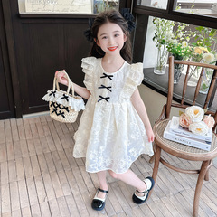 女童飛袖蝴蝶結連衣裙夏季2024新款寶寶公主裙兒童洋氣背心蕾絲裙