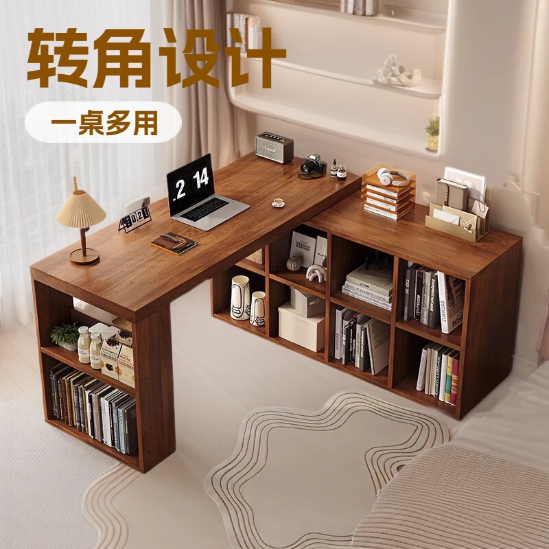 Solid Wood Corner Desk with Bookshelf and Bookcase Integrated Table, Bedroom Home-Use Dressing Table, L-Shaped Corner Computer Desk