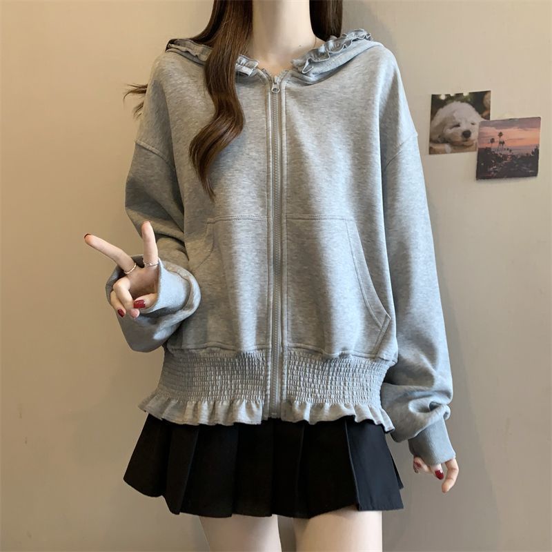 显瘦木耳边上衣胖mm设计开衫外套女2025连帽卫衣感大码款春秋灰色|undefined