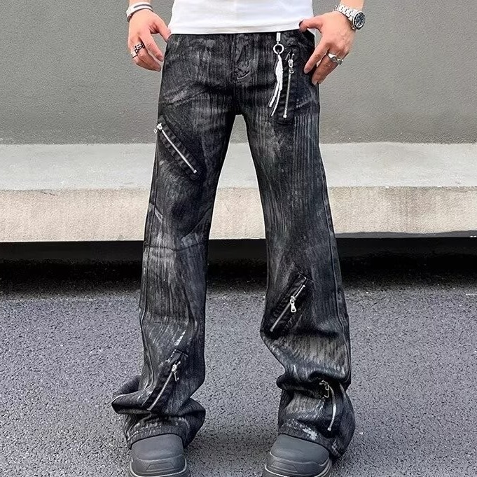 Men's Retro Distressed Flared Jeans High Street Style Loose Fit Zipper Design Cool And Edgy Long Pants_mkmklike.com