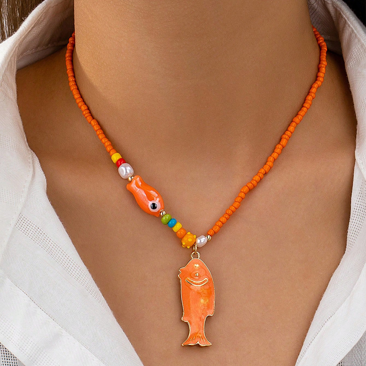 Alloy, Glass Chain Material Beaded Chain Chain Type 1 Piece Quantity Cute Marine Style Fish Alloy Glass Beaded Chain Lobster Trigger Clasp Closure Beaded Necklaces Wholesale