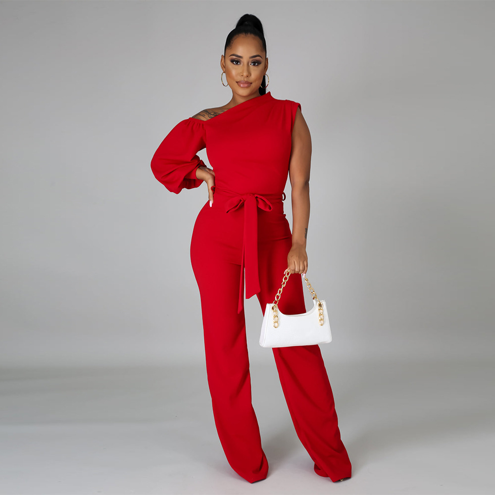 single-shoulder long sleeve lace-up wide-leg solid color jumpsuit NSMYF125965