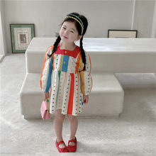 童装一件代发2023春季韩版女童法式裙子方领撞色竖条波点连衣裙