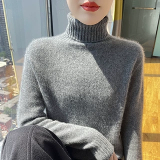 100%纯羊毛衫女高翻领套头毛衣秋冬纯色打底针织衫时尚感保暖上衣