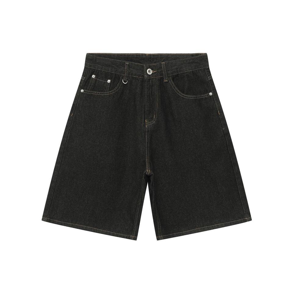 Quần short jean nam lửng ống rộng dáng suông phong cách retro, chất liệu denim thô — Denim đen, Xanh denim