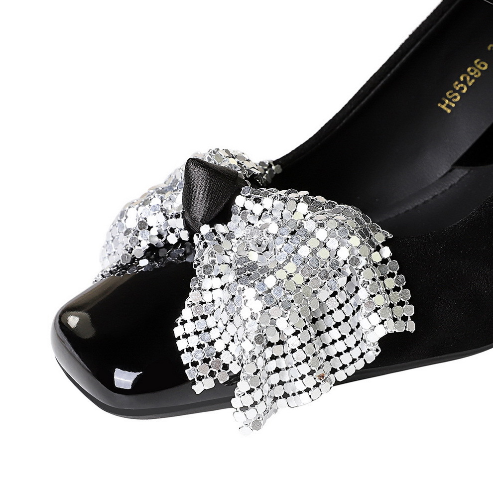 Mary Jane Heels Women's Square Toe Rhinestone Bow Chunky Shoes_voghion.com