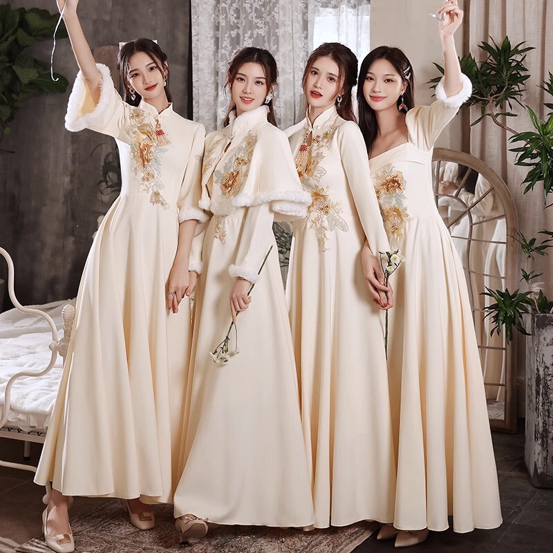 Chinese Cheongsam Bridesmaid Dress Winter Long-sleeved 2024 New Sisters Dress Women's Champagne High-grade Warm-keeping