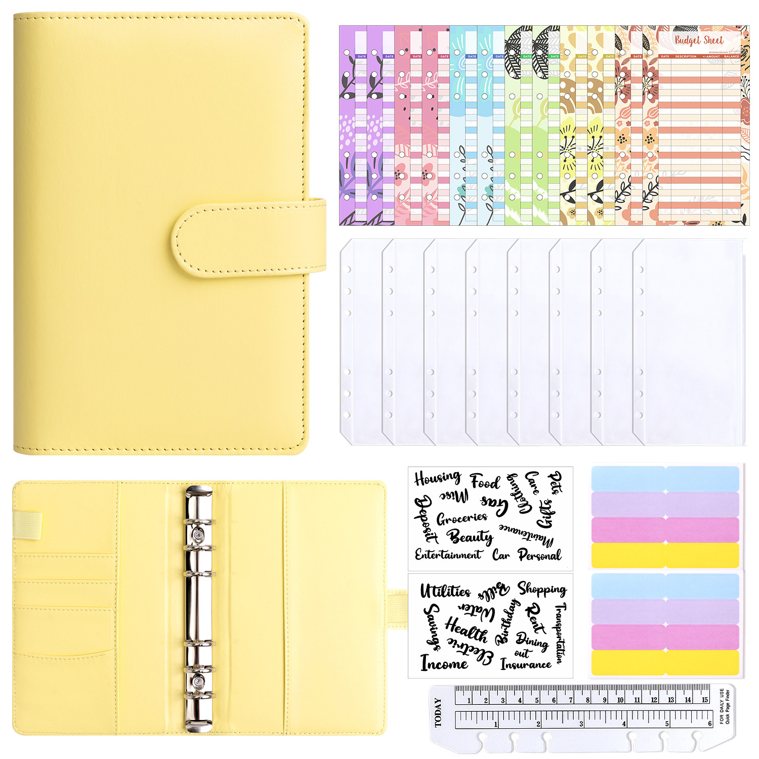Presupuesto transfronterizo Cash Clip de hojas sueltas Bolsa con cremallera Sobres Libro de cuentas A6 Macarons PU Cuaderno de hojas sueltas de cuero
