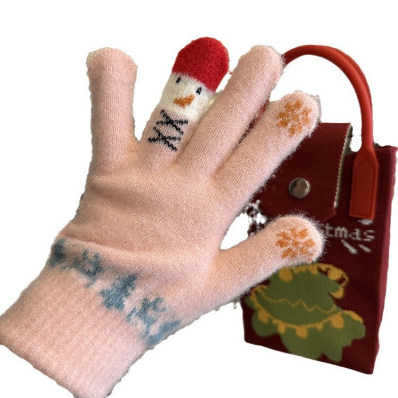 ins可爱雪人卡通手套女加绒保暖冬季五指可触屏分指骑车防风防寒|undefined