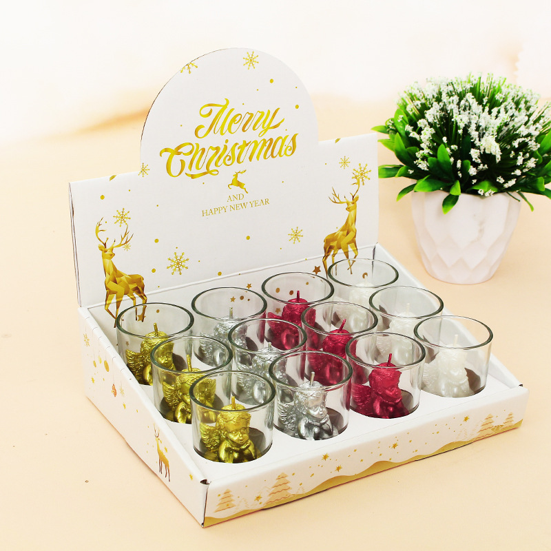 12 cajas de vidrio vela romántica vela artesanal pintado muñeco de nieve viejo árbol de Navidad tealight vela de Navidad