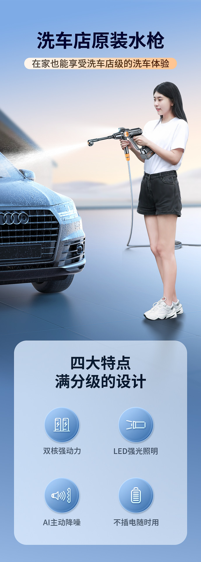 Wireless Car Washing Machine, High-Pressure Water Gun for Car Washing, Household Floor Cleaning, Electric Water Gun with Lithium Battery, Brushless Motor