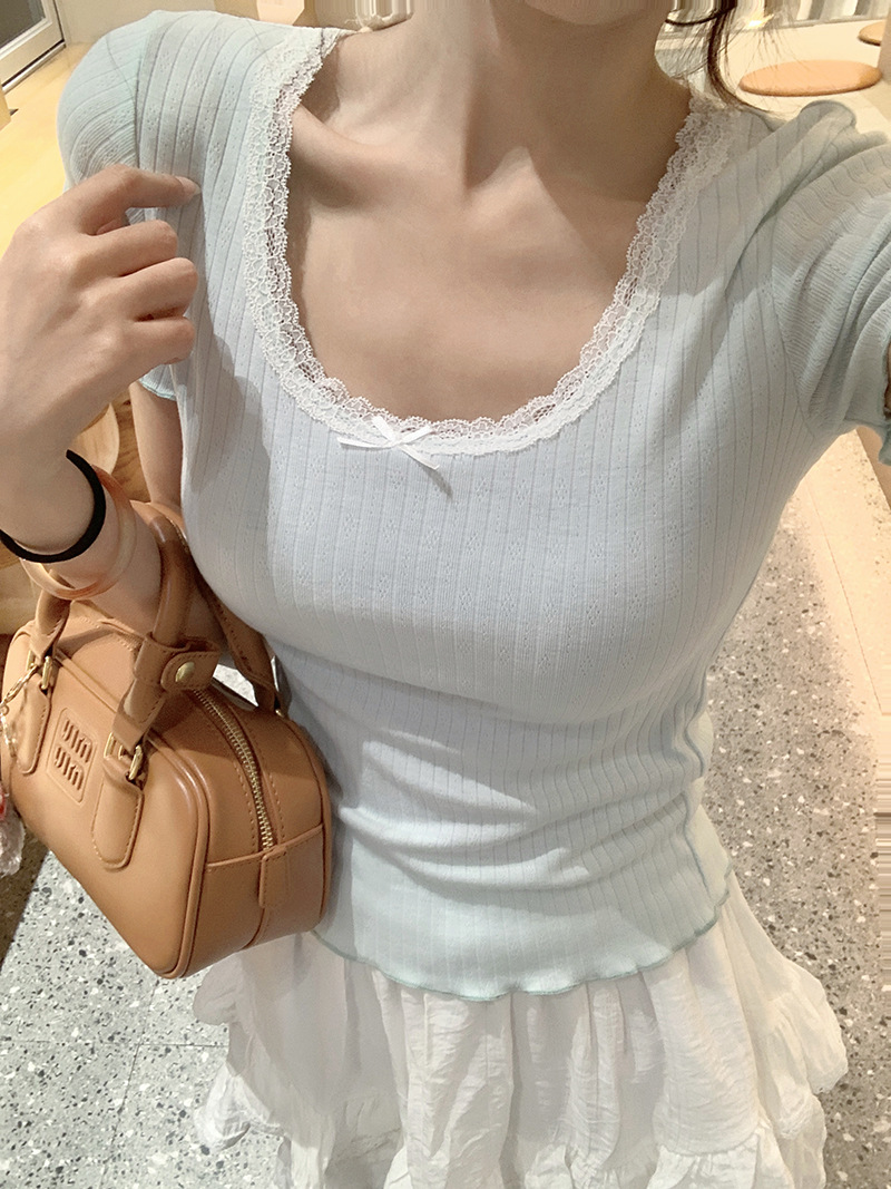 Elegant lace solid short sleeve T-shirt with a round collar