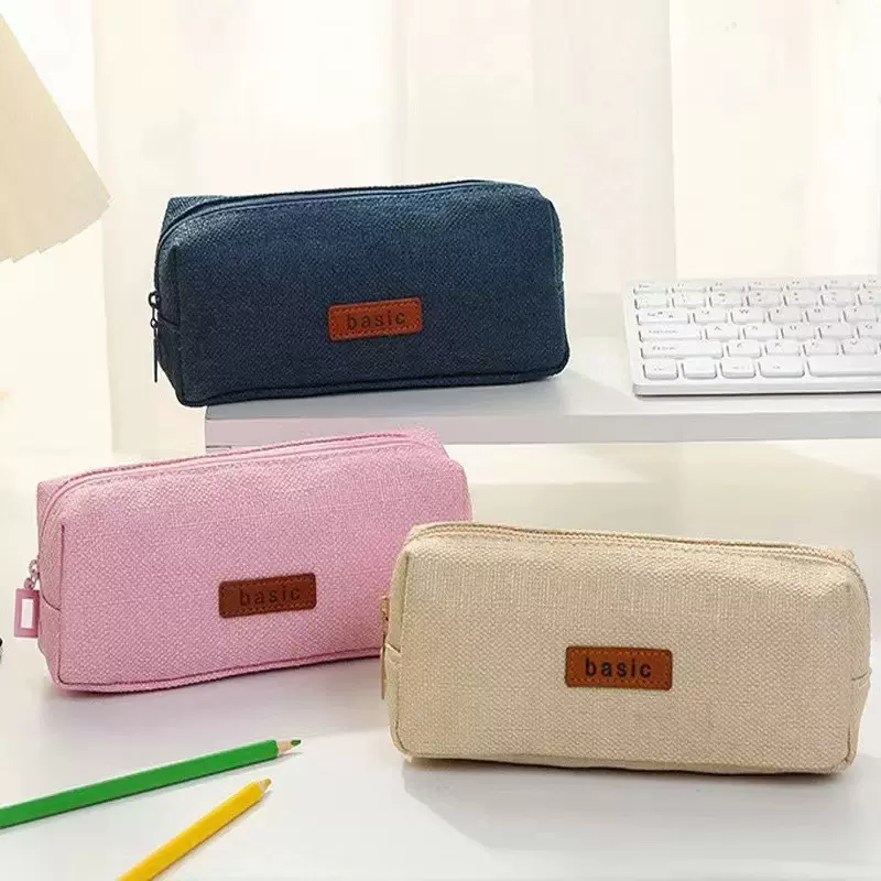 现货单层大容量笔袋批发简约ins风铅笔袋纯色方形学生棉麻文具袋