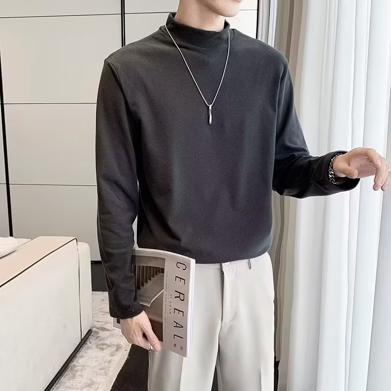 2023 가을과 겨울 빛 성숙한 스타일 단색 터틀넥 드 벨벳 바닥 셔츠 남성용 긴팔 티셔츠 남성용 세트 이너 탑