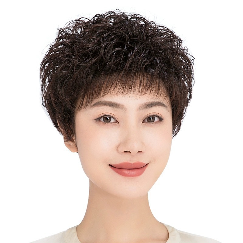 ショートヘアのかつらの女性の全頭カバーのお母さんの本物の髪カバーのファッション的な中高年の短いカールの自然なふわふわしたかつらカバー|undefined
