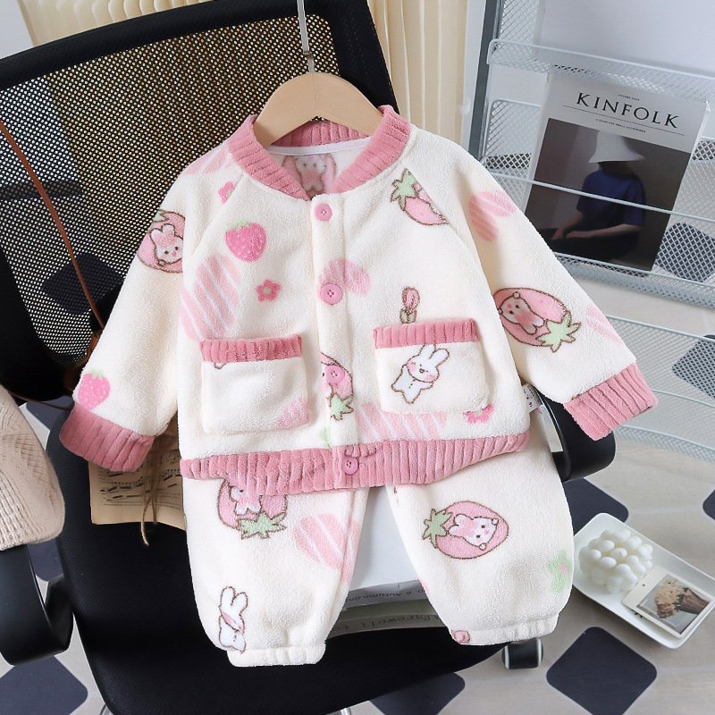 여자 겨울 잠옷 세트 새  아동복  가을 겨울 큰 라운드 포인트 홈 의류 조수