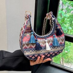 刺繍エスニックスタイルタッセルバッグ女性用 2025 新しいスタイル織りショルダークロスボディバッグファッショナブルなホリデースタイル脇の下バッグ