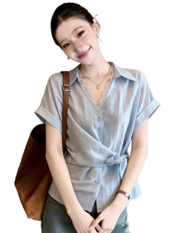 Áo sơ mi ngắn tay nữ ren phối thắt lưng eo, dáng suông che khuyết điểm — xanh lam