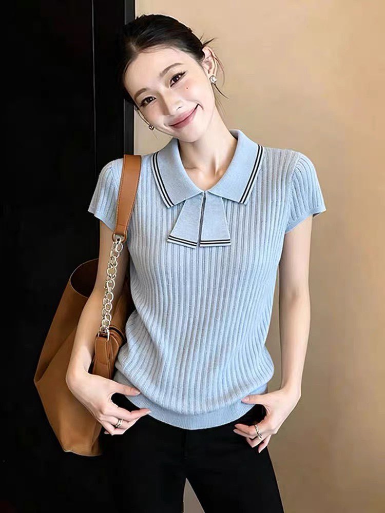 Áo thun nữ tay ngắn cổ bẻ nơ lụa, chất liệu sợi mát mùa hè — xanh lam