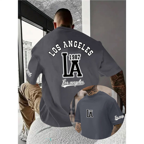 Cotton [Fashion] Letter Men and Women Unisex T-Shirt Short Sleeve Men and Women European Size Casual Print Sport Los Angeles T-Shirt