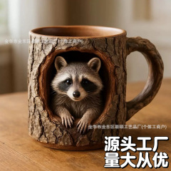 新品Handmade-Raccoon Tree Hollow Mug手工浣熊猫头鹰树洞杯