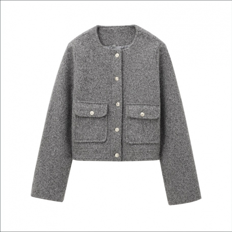 French-style round-neck tweed short jacket for women with metal buttons and double pockets, loose fit for petite figures French-style round-neck tweed short jacket for women with metal buttons and double pockets, loose fit for petite figures