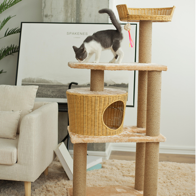 Cama para Gatos Tejida a Mano para Todas las Estaciones, Rascador para Gatos, Villa para Gatos de Ratán, Juguete para Gatos, Poste de Cuerda de Cáñamo, Estructura para Trepar para Gatos