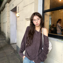 法式设计感小众别致气质长袖T恤女装秋季宽松韩系氛围感露肩上衣