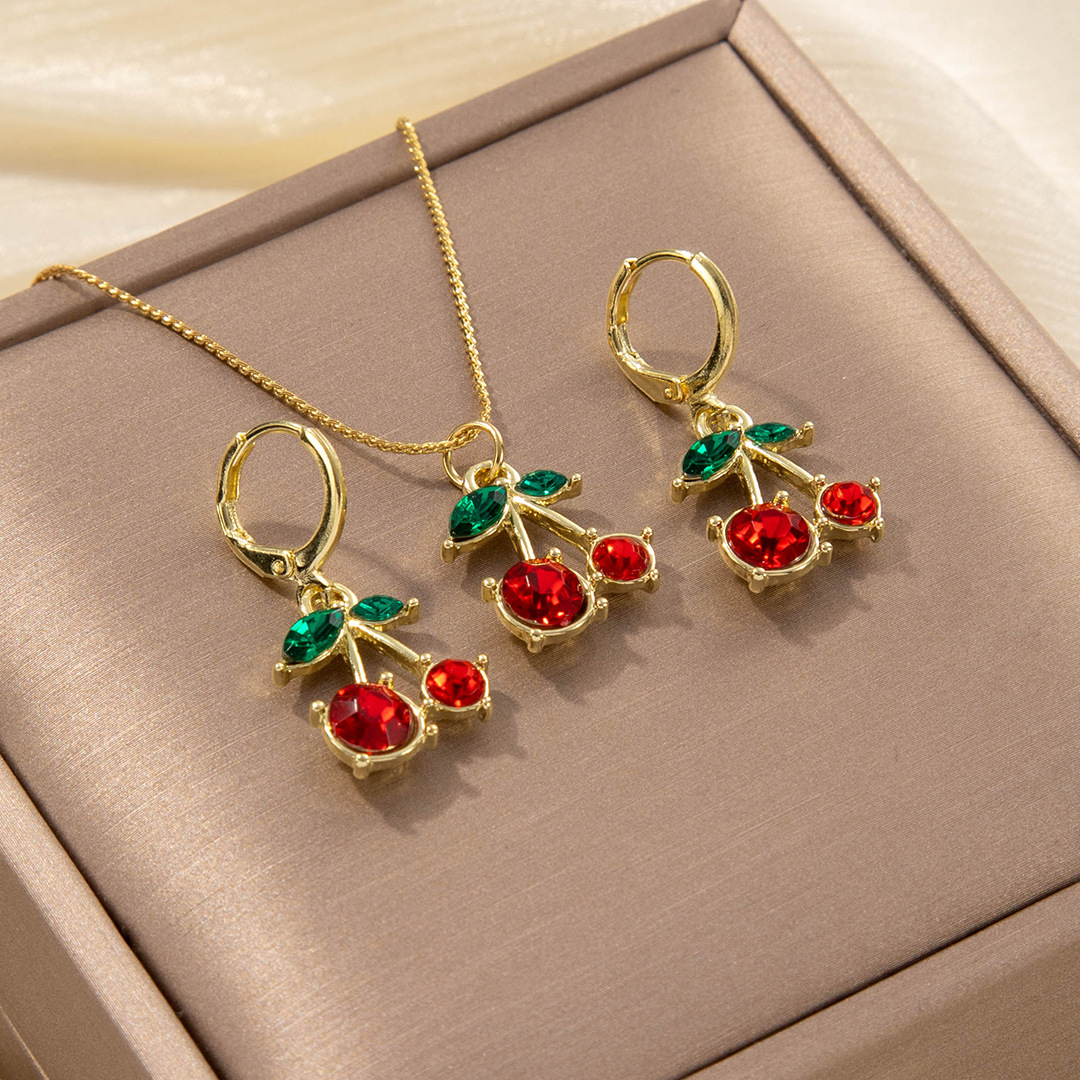 Juego de joyería de frutas para mujer verano – cereza dulce, collar, aretes, Europa/América