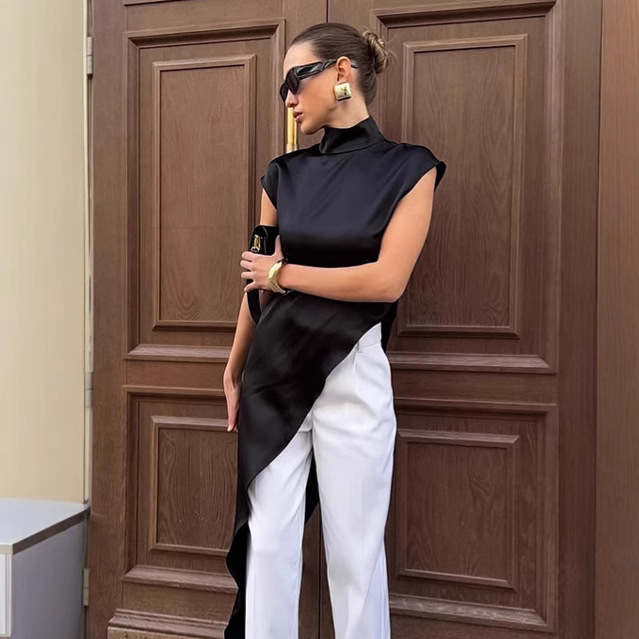 Asymmetrical Design Black Satin Dress for Women 2026 Spring/Summer Simple Layered Mid-Length Vest Dress